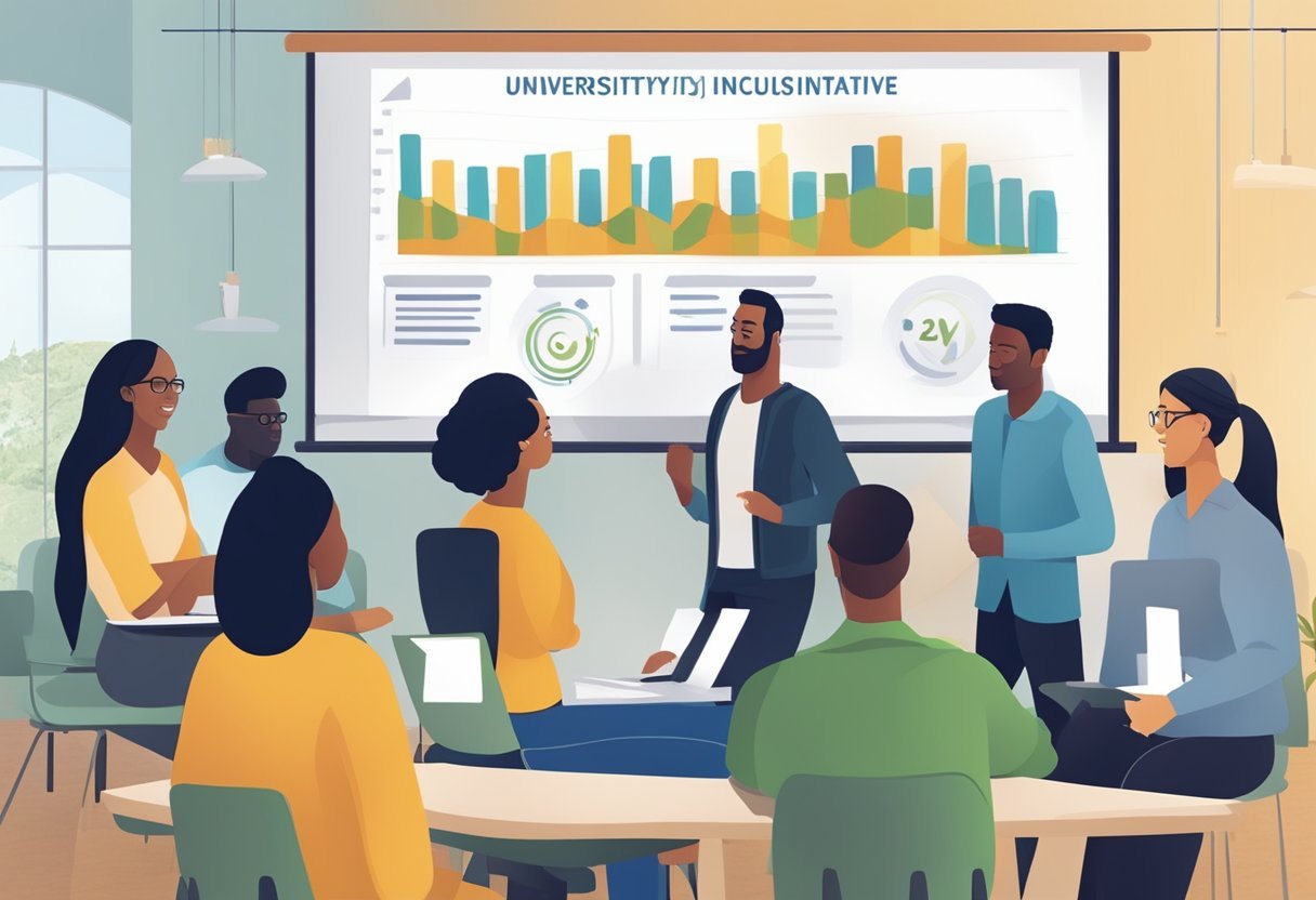 A group of diverse individuals engage in discussions, while a banner displaying "University Diversity and Inclusion Initiatives" hangs prominently in the background