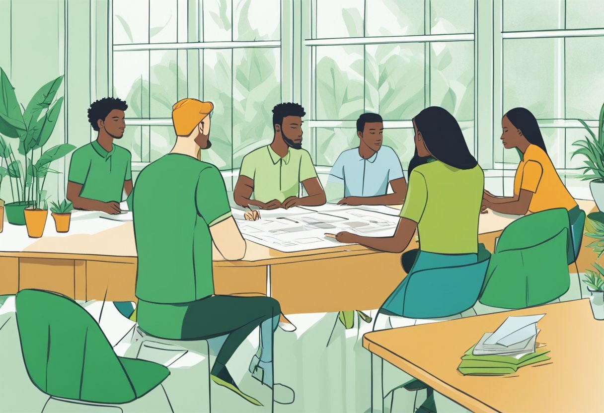 A group of people gather around a table, discussing sustainable practices for a university campus. Charts and graphs are spread out, showing data on energy usage and waste management. The room is filled with green plants and natural light, creating a vibrant and eco-friendly