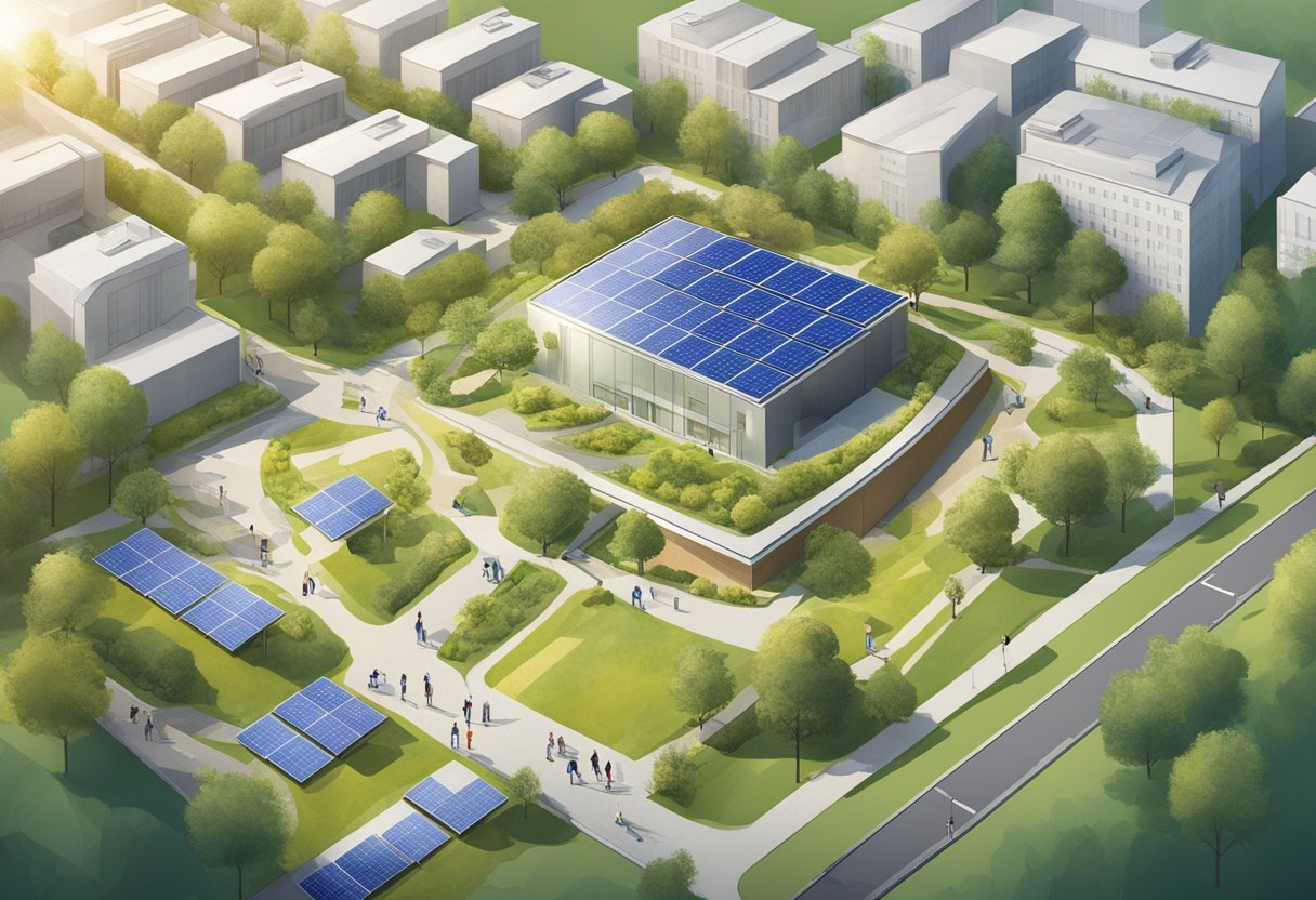 The university campus features sustainable practices: solar panels, recycling bins, and green spaces. Academic programs focus on research for environmental sustainability
