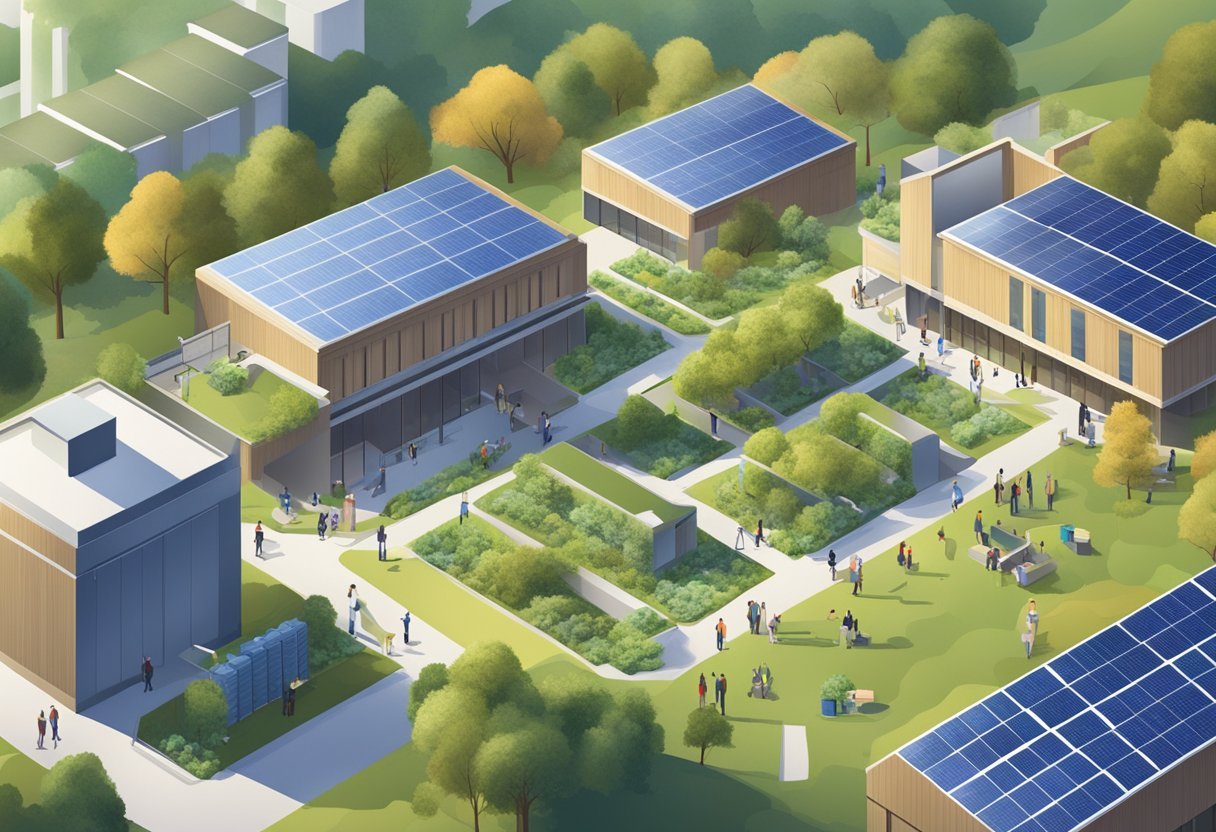 A university campus with solar panels, recycling bins, and green spaces. Students and faculty engaging in sustainable practices