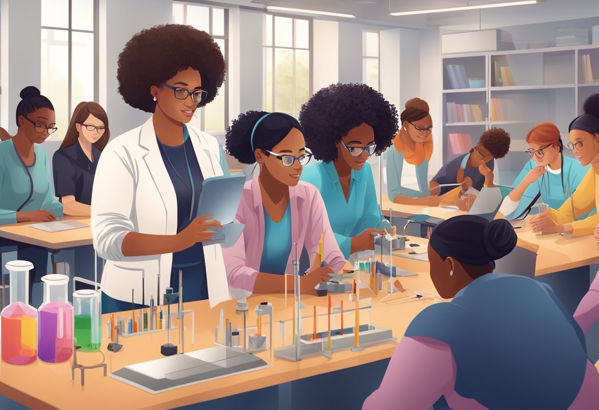A diverse group of women engage in hands-on experiments and discussions in a modern university STEM classroom, surrounded by cutting-edge technology and supportive mentors