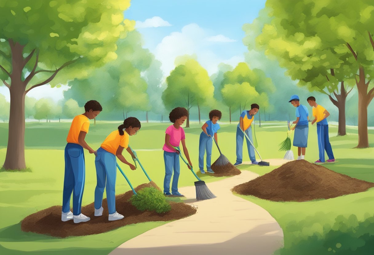 Students planting trees, tutoring children, and cleaning up parks