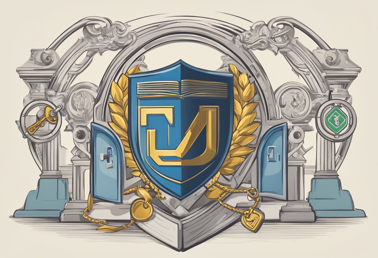 A university logo is shielded by a lock and key, symbolizing protection of student creations. A document with copyright symbols and policies is displayed nearby