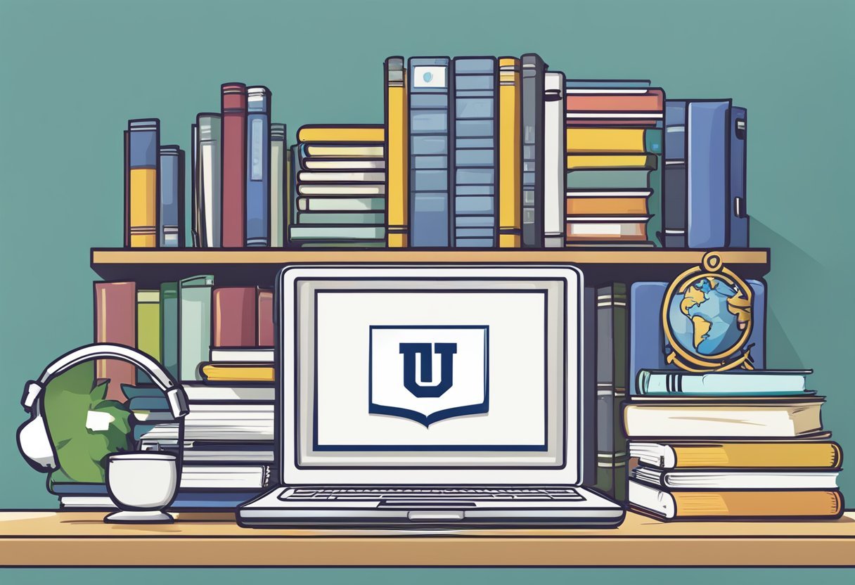 A university logo and copyright symbol are prominently displayed on a stack of textbooks and a computer screen showing a student's digital artwork