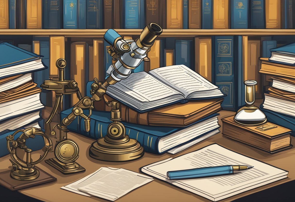 A university emblem surrounded by books, a microscope, and a code of conduct document, symbolizing research ethics and academic integrity